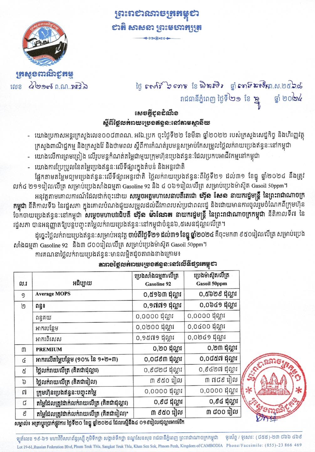 សេចក្តីជូនដំណឹងស្ដីពី៖ តម្លៃលក់រាយប្រេងឥន្ធនៈនៅតាមស្ថានីយ ដែលត្រូវអនុវត្តចាប់ពីថ្ងៃទី២១ ដល់ថ្ងៃទី៣១ ខែធ្នូ ឆ្នាំ២០២៤ - ប្រេងសាំងធម្មតា = ៣ ៩៥០ រៀល/លីត្រ (ឡើងថ្លៃ ៥០៛) - ប្រេងម៉ាស៊ូត = ៣ ៨០០ រៀល/លីត្រ (ឡើងថ្លៃ ៥០៛)